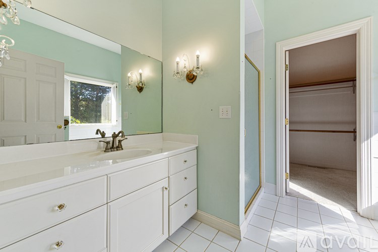 A bathroom with a white sink and a mirror above it.