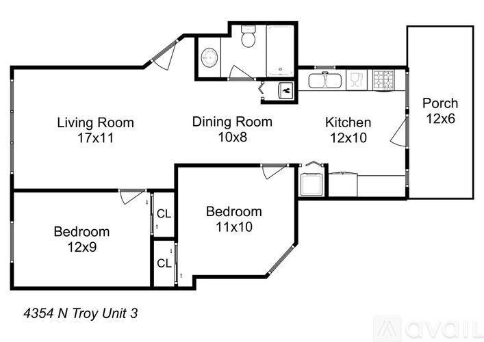 A floor plan of a 3 bedroom apartment.