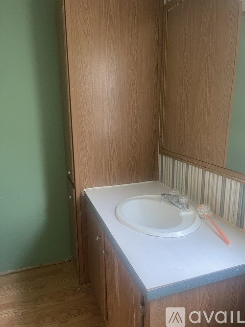 A bathroom sink with a toothbrush on the counter.