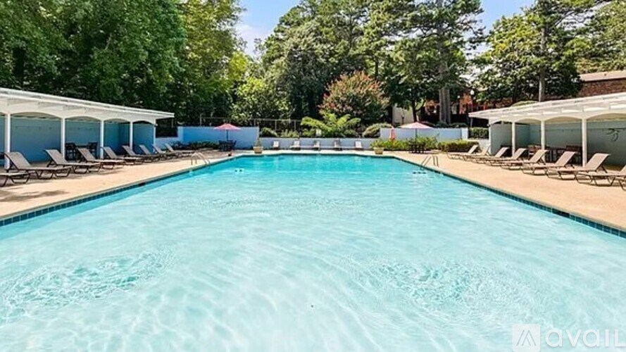 A large swimming pool surrounded by sun loungers and trees.