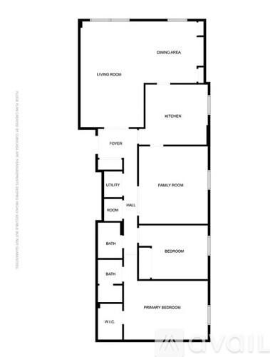 A floor plan of a house with labeled rooms such as living room, kitchen, and bathroom.