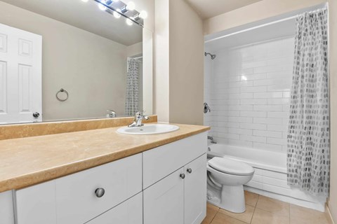 A bathroom with a sink, toilet, and shower.