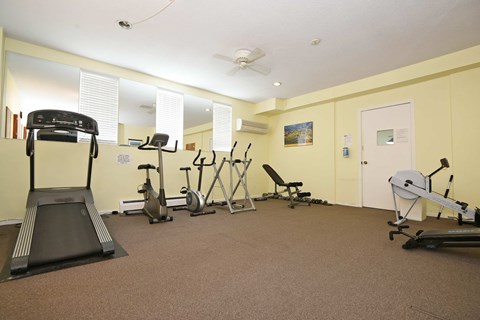 A gym with treadmills, exercise bikes, and other equipment.