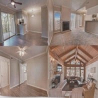 A split image of a living room with a ceiling fan and a cozy corner with a couch.