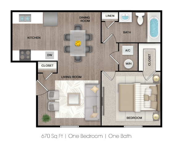 A floor plan of a one bedroom apartment with a living room, dining room, kitchen, and bathroom at Ranch at 1856 Apartments, San Marcos, TX, 78666