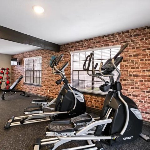 A gym with a row of stationary bikes and a red ball on the floor.