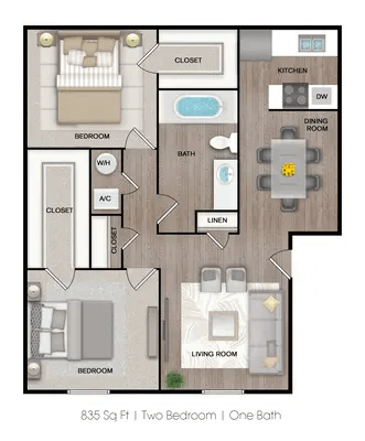 A floor plan of an apartment with two bedrooms and one bathroom at Ranch at 1856 Apartments, San Marcos, Texas, 78666