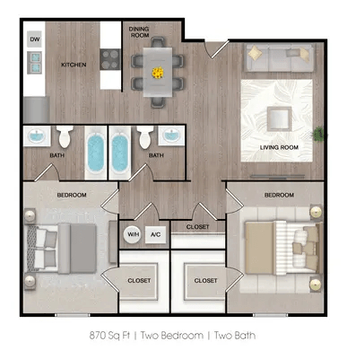 A floor plan of a 870 square foot two bedroom apartment with two bathrooms at Ranch at 1856 Apartments, San Marcos, Texas