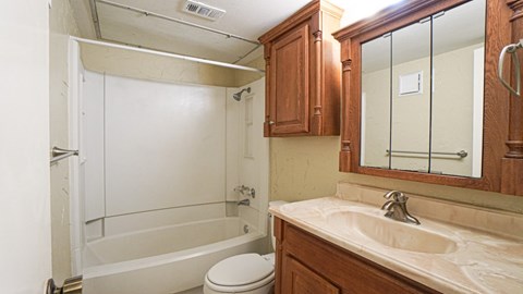 A white toilet sits next to a bathtub in a bathroom.