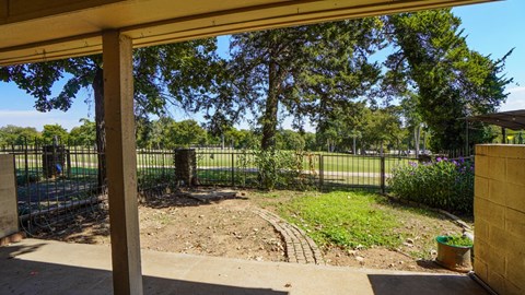 A view from a covered patio looking out to a fenced yard with a tree and a small garden.