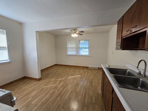 A kitchen with a sink and a window.