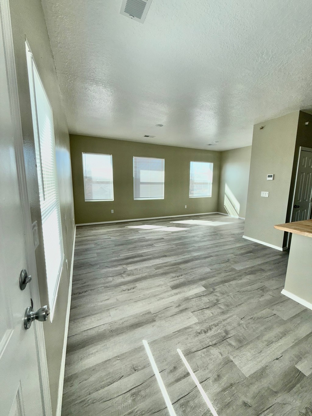 A room with wooden flooring and a white door.