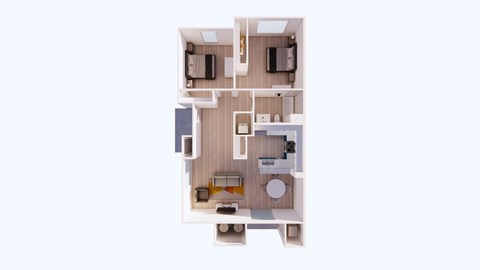 A dollhouse living room with a couch and a coffee table.