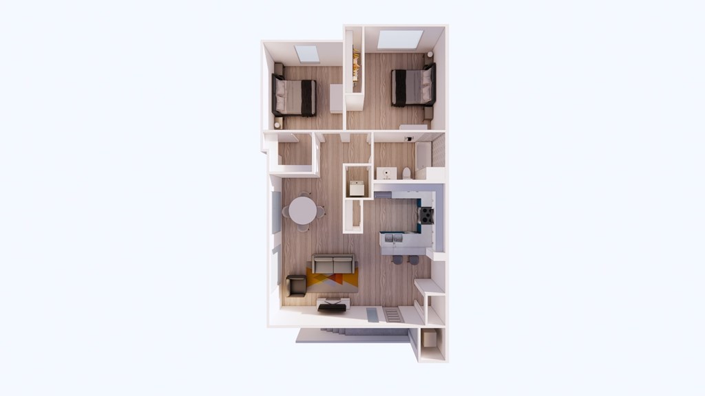 A small apartment with a kitchen, living room, and two bedrooms.