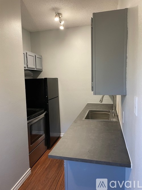 A kitchen with a black fridge and stove, a sink, and a grey cabinet.