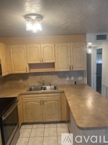 A kitchen with wooden cabinets and a sink.