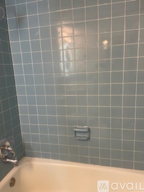 A white bathtub with a silver faucet and a blue tiled wall.