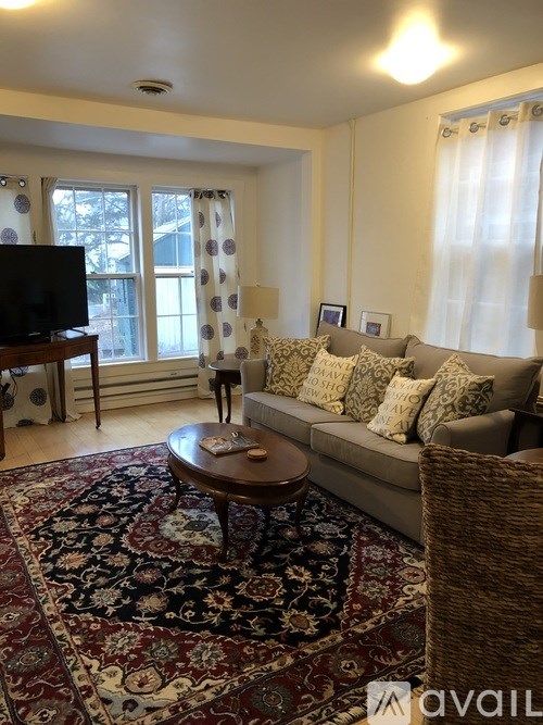 A living room with a couch, a coffee table, and a television.