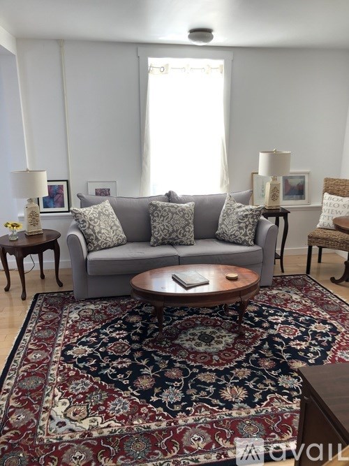 A living room with a grey couch, a rug, and a coffee table.