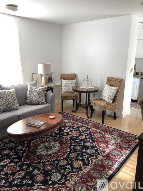 A living room with a grey couch, a round table, and a rug.