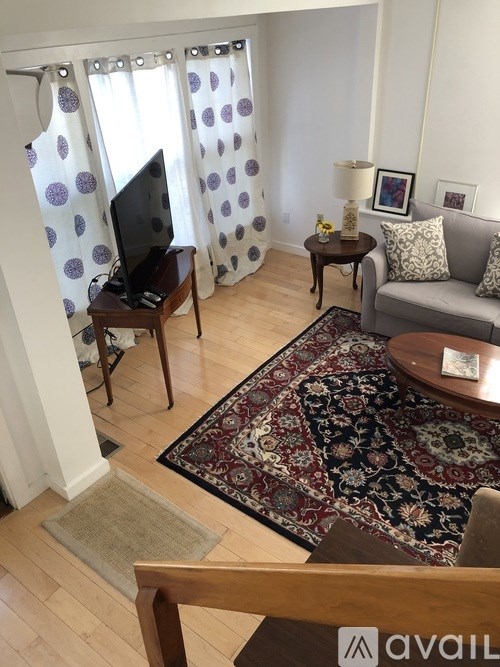A living room with a couch, a table, a television, and a rug.