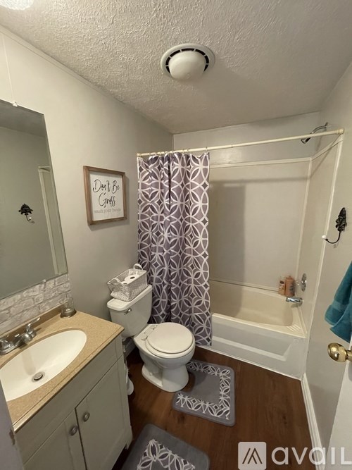 A bathroom with a toilet, sink, and shower.