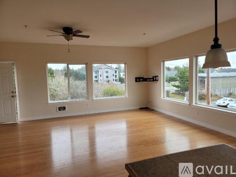 A spacious room with a fan, large windows, and a brown rug on the floor.