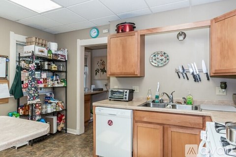 A kitchen with a white dishwasher and wooden cabinets.