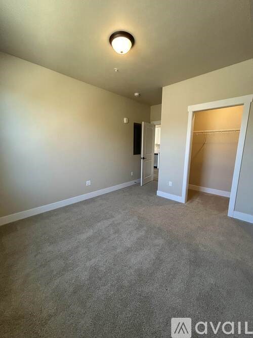 A room with a carpeted floor and a ceiling light.