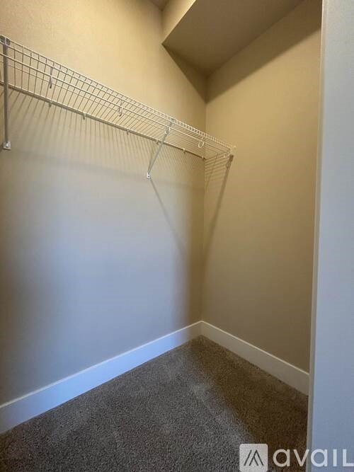 A walk-in closet with a metal rack and carpeted floor.