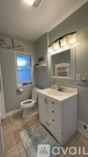 A bathroom with a toilet, sink, and a window.