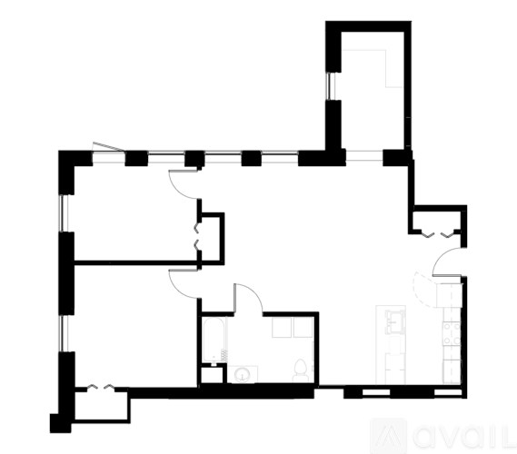 A black and white image of a floor plan with the text "avail" on the bottom right.