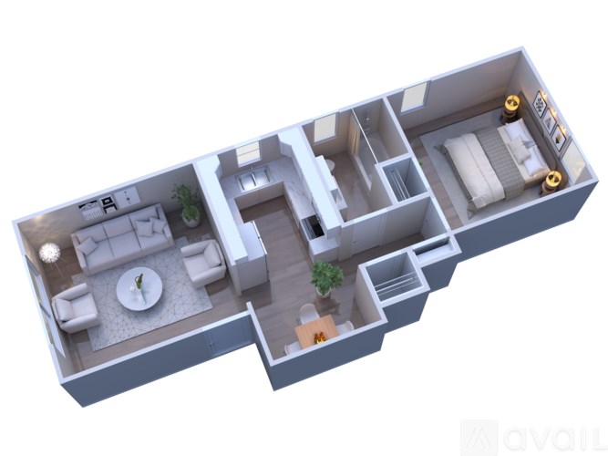 A 3D image of a house layout with a living room, kitchen, and two bedrooms.