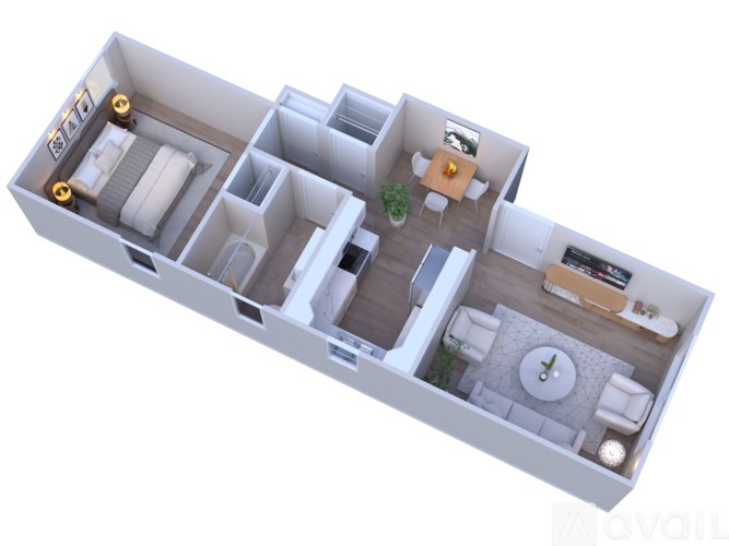 A 3D image of a house layout with a living room, kitchen, and two bedrooms.