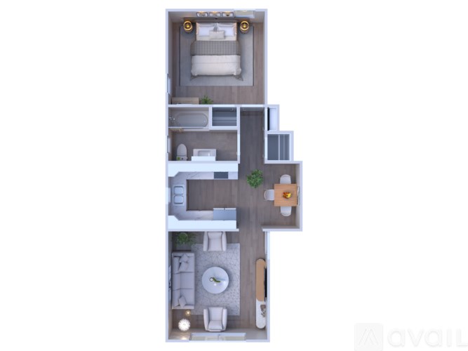 A floor plan of an apartment with a kitchen, living room, and two bedrooms.