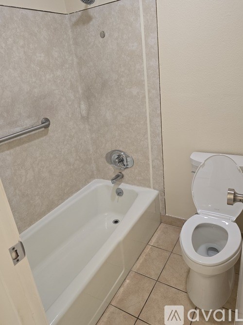 A bathroom with a toilet, tub, and shower.