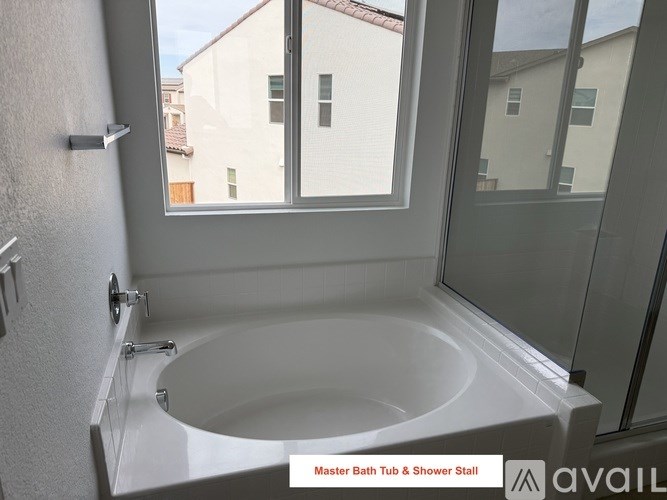 A master bath tub and shower stall in a bathroom.