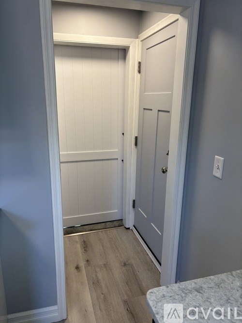 A hallway with a white door and a wooden floor.