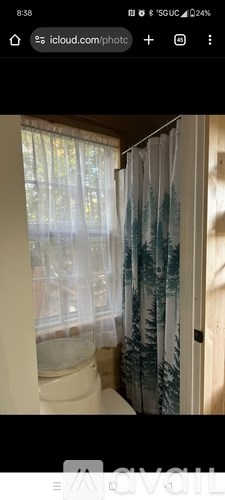 A white toilet with a green patterned shower curtain in the background.