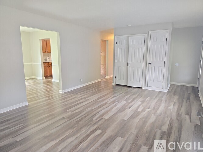 A room with wooden flooring and white walls, with two doors and a cabinet visible.