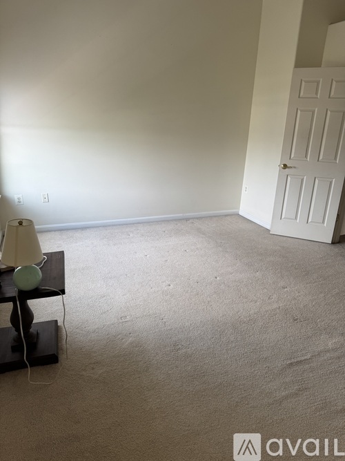 A room with a white door and a lamp on a table.