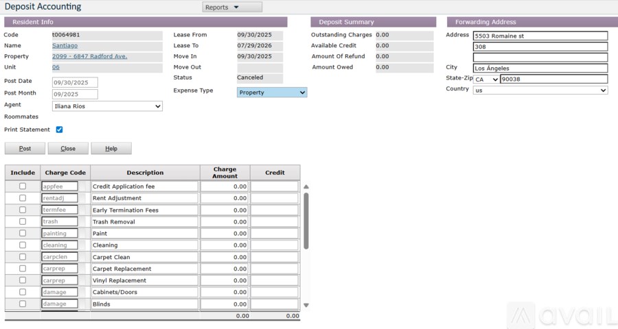A screenshot of a deposit accounting interface with various sections for account details, reports, summaries, and forwarding information.