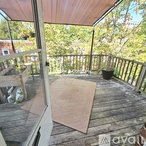 A wooden deck with a mat and a potted plant.