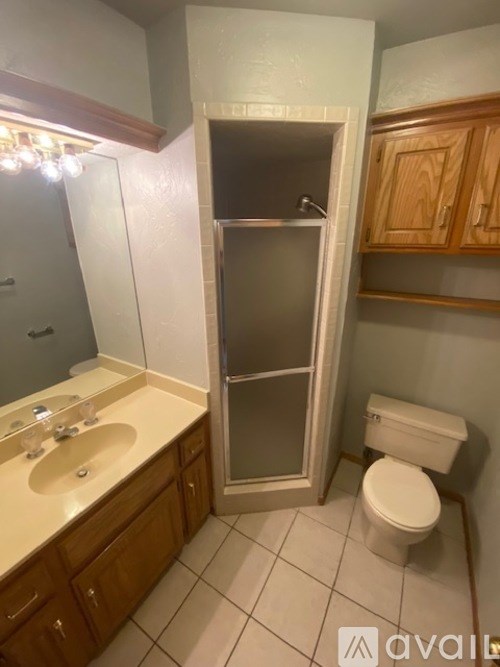 A bathroom with a toilet, sink, and a shower stall.