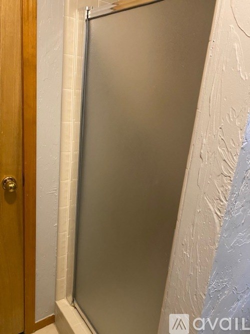 A bathroom with a glass shower door and a wooden door.