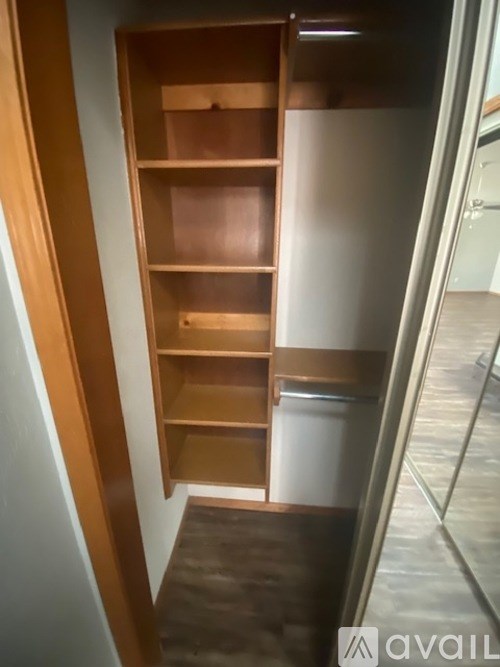A tall wooden bookcase with many shelves.