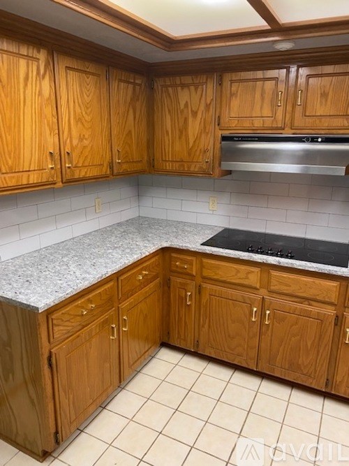 A kitchen with wooden cabinets and a granite countertop.