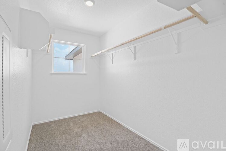 A room with a carpeted floor and a window.