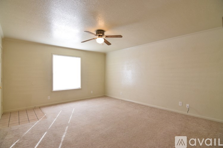 A room with a carpeted floor, a ceiling fan, and a window.