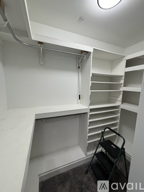 A white walk-in closet with shelves and a black rolling cart.